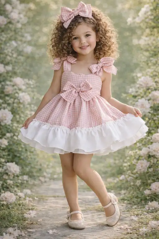 Foto de niña con vestido de cuadritos vichy rosa