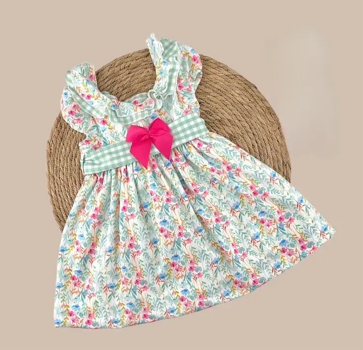 VESTIDO FLORES NIÑA COMBINADO EN VICHY VERDE